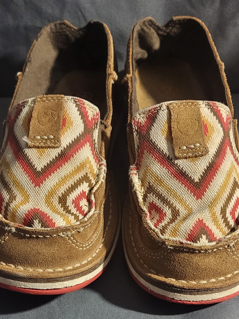 Ariat Girls Brown Suede Moccasins with Multicolor Aztec Print